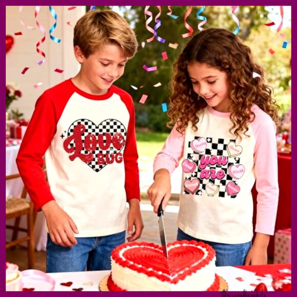 Girls Valentine Raglan Long Sleeve Tee Cotton Sweet Heart Print 4-13T - Picture 4 of 5